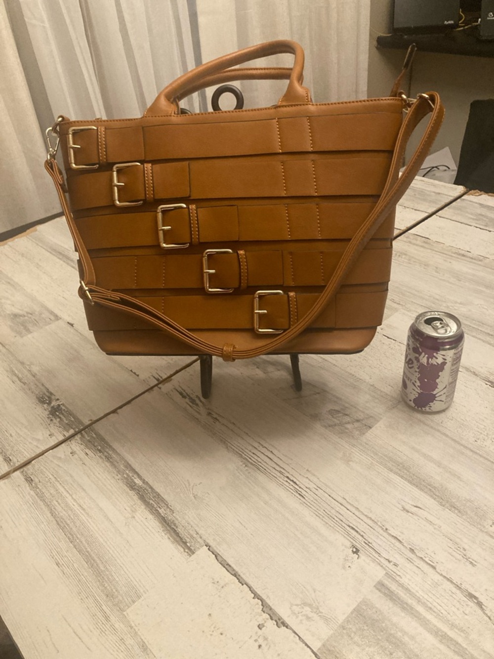 GUC XL Tan Multi-Buckle Structured Tote with Removable Strap